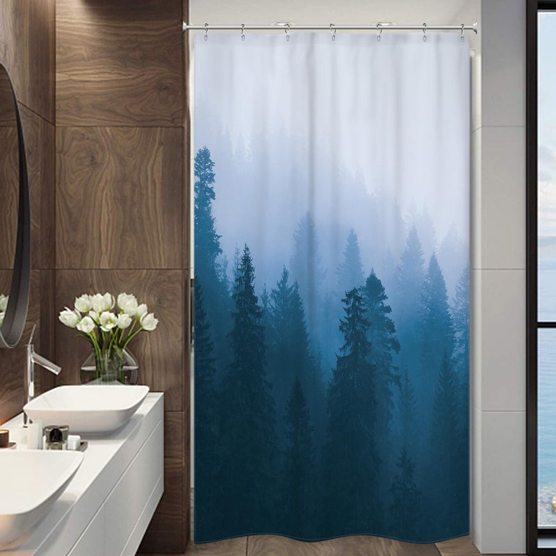 Riyidecor Small Stall Shower Curtain for Bathroom Decor 36Wx72H Narrow Half Rv Nature Blue Mens Misty Tree Mountain Foggy Woodland Art Printed Fabric Polyester Waterproof 7 Pack Plastic Hooks - Image 1