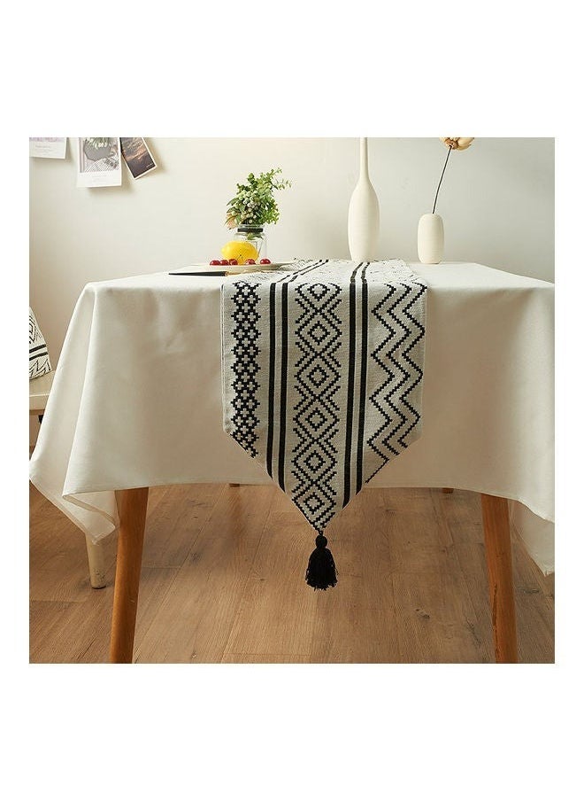 FLYROAD - Chenille Geometric Tassel Table Runner White/Black 33 x 180cm - Image 1