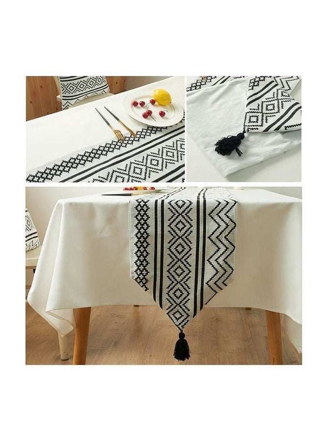 FLYROAD - Chenille Geometric Tassel Table Runner White/Black 33 x 180cm - Image 1