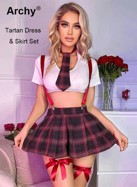 Cozy Collegiate Charm Tartan Set with Tie Playful for Women