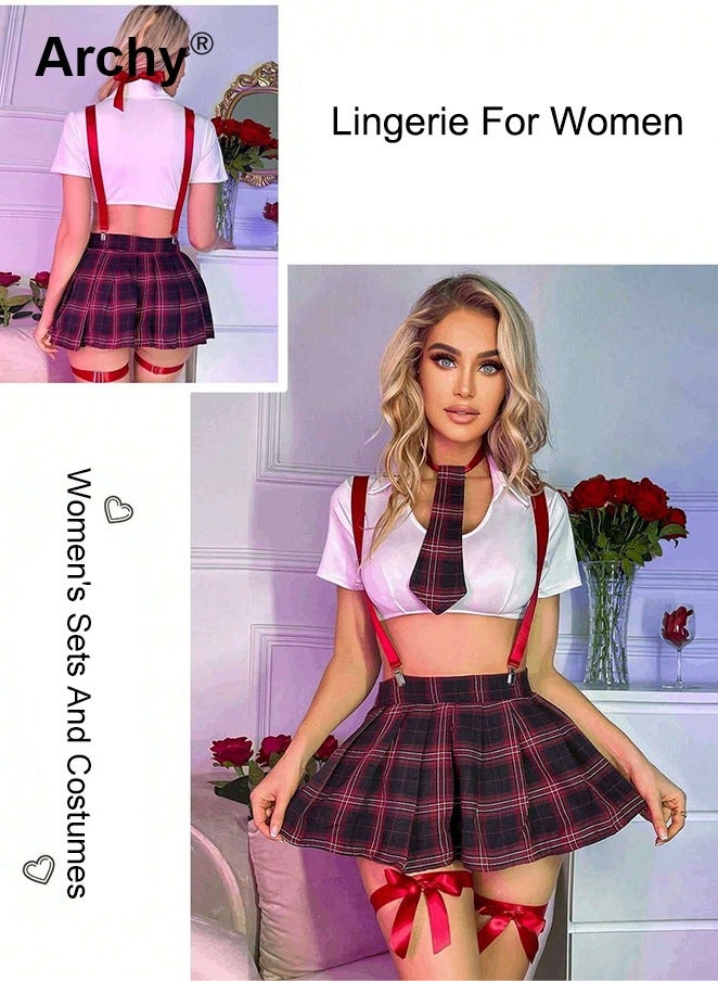 Archy Cozy Collegiate Charm Tartan Lingerie Set with Tie Playful Cosplay Uniform for Women - Image 2