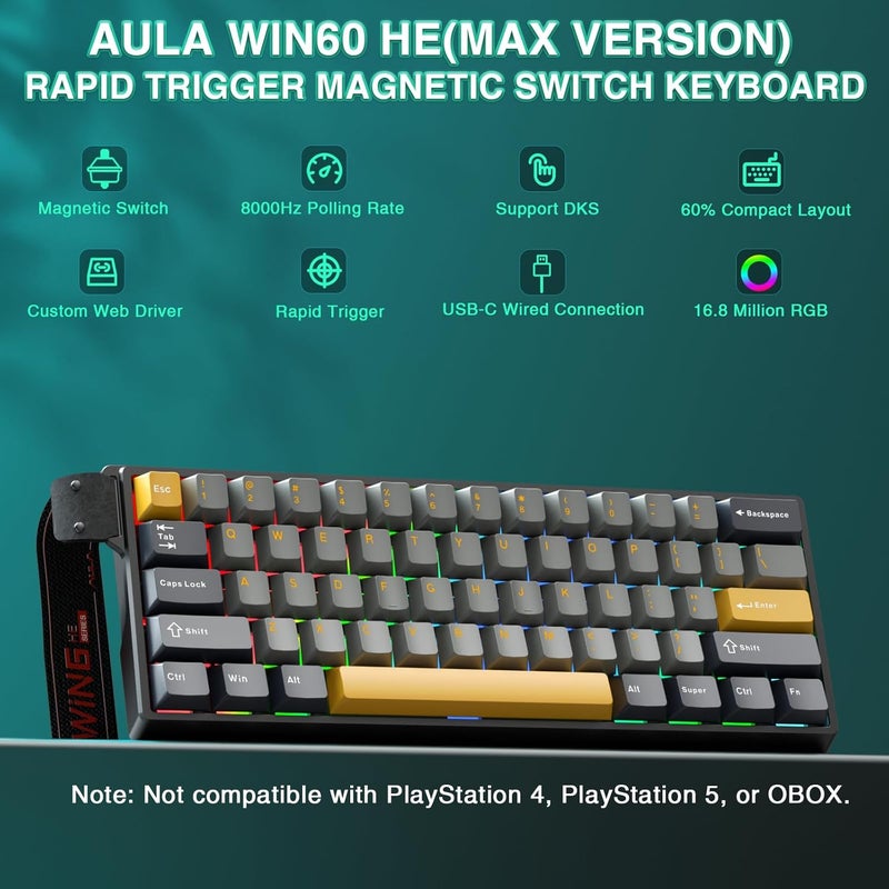 CORBOBO أولا WIN60 HE MAX - لوحة مفاتيح ألعاب ميكانيكية بنسبة 60% سلكية، مفاتيح مغناطيسية تأثير هول قابلة للتبديل السريع، تفعيل قابل للتعديل وضع الزناد السريع، معدل استقصاء 8000 هرتز، لوحة مفاتيح بنسبة 60% ��صميم مدمج - Image 2