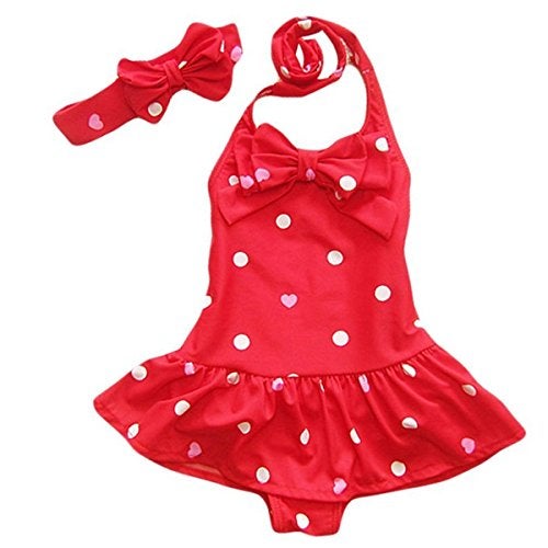 Jastore Baby Girls Swimwear One Piece Swimsuits Beach Wear with Headband (2-3T, Red) - Image 1