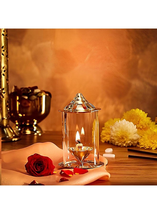 كلاسيك ديا كلاسيكية نافجيوتي صغيرة مقاس 4 بوصات مع غطاء من زجاج البورسليكات للماندير، وداية مصباح زيتي زخرفي من النحاس والزجاج مع غطاء زجاجي للصلاة، وداية أسطوانية من زجاج البورسليكات النحاسي - Image 1