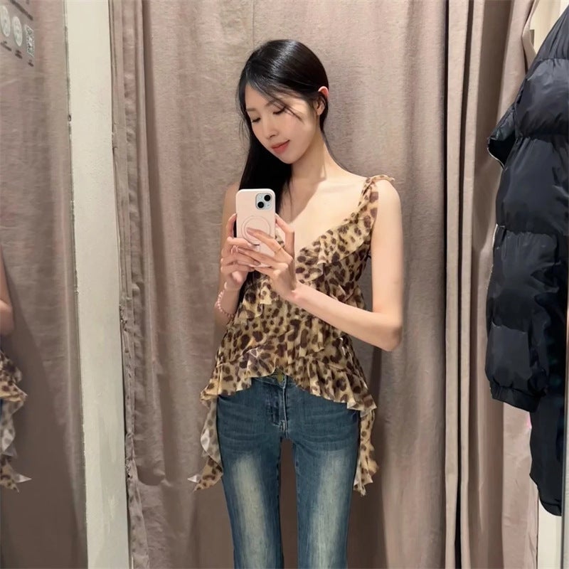 Zr Export 2025 Summer Leopard Print Stacked Printed Tulle Asymmetric Suspender Top 5039335 - Image 5