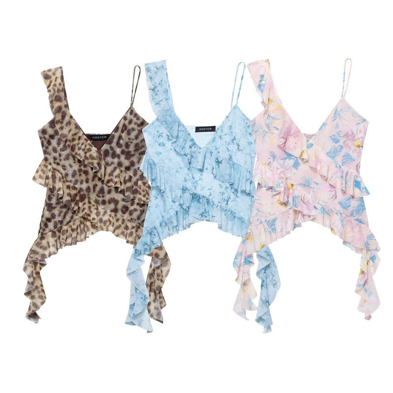Zr Export 2025 Summer Leopard Print Stacked Printed Tulle Asymmetric Suspender Top 5039335 - Image 2