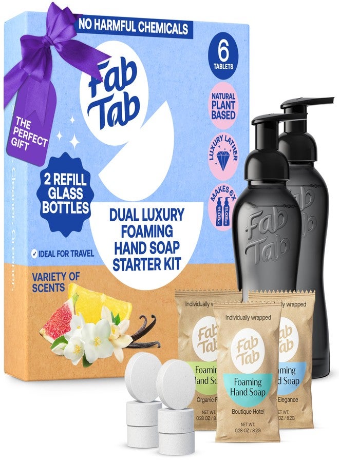 Fab Tab FabTab Dual Foaming Hand Soap Kit - 6x Plant-based Hand Wash Tablets -Convenient & Easy To Use 2x Refillable Glass Bottles - Variety Fragrances - (6x11.9 Fl Oz Bottles Of Soap) - Image 1