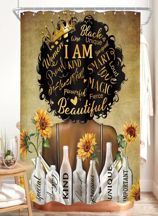 Cinbloo Black Girl Shower Curtain 60Wx72H Vintage Brown African American Inspirational Quotes Bathroom Curtain Retro Afro Lady Queen Yellow Sunflower Black Women Bathroom Decor Fabric with 12 Hooks - Image 1