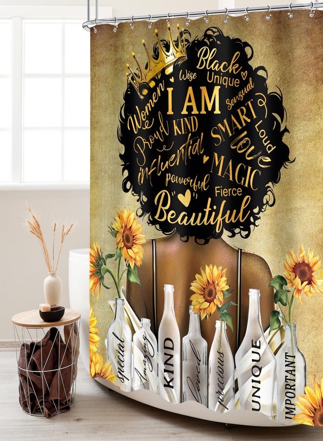 Cinbloo Black Girl Shower Curtain 60Wx72H Vintage Brown African American Inspirational Quotes Bathroom Curtain Retro Afro Lady Queen Yellow Sunflower Black Women Bathroom Decor Fabric with 12 Hooks - Image 2
