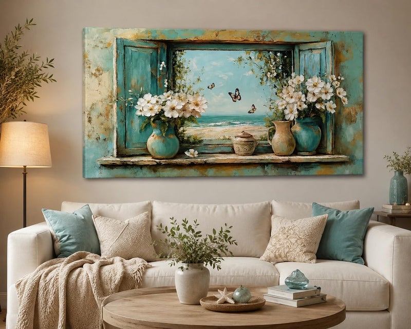 ARS Graphics ARS® Window Ocean View Canvas Wall Art 60 X 90 CM Vintage Turquoise Open Shutter Painting with White Flowers, Vases & Butterflies - Image 2