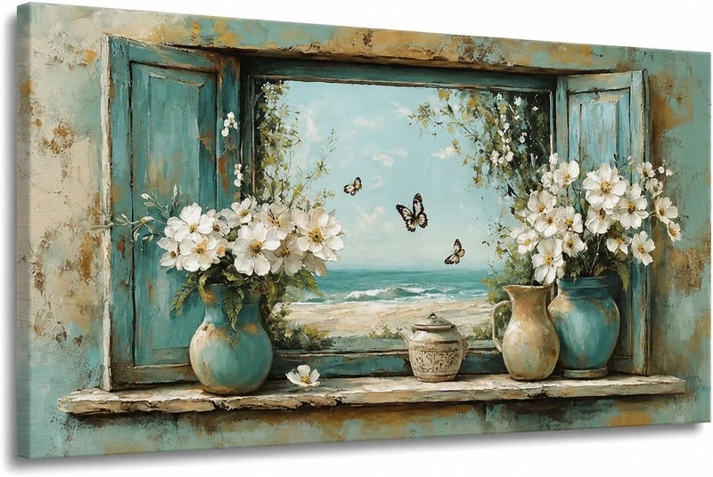 ARS Graphics ARS® Window Ocean View Canvas Wall Art 60 X 90 CM Vintage Turquoise Open Shutter Painting with White Flowers, Vases & Butterflies - Image 1