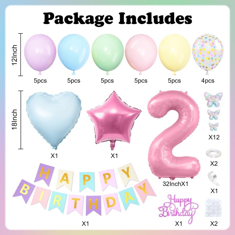 Vibzox 2nd Birthday Decoration for Girls,Easter Pastel Rainbow 2nd Balloon Number 2 Balloon Butterfly Stickers Star Heart Foil Balloons Banner for Baby 2 Year Old Party Decor - Image 2