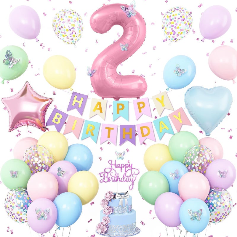 Vibzox 2nd Birthday Decoration for Girls,Easter Pastel Rainbow 2nd Balloon Number 2 Balloon Butterfly Stickers Star Heart Foil Balloons Banner for Baby 2 Year Old Party Decor - Image 1