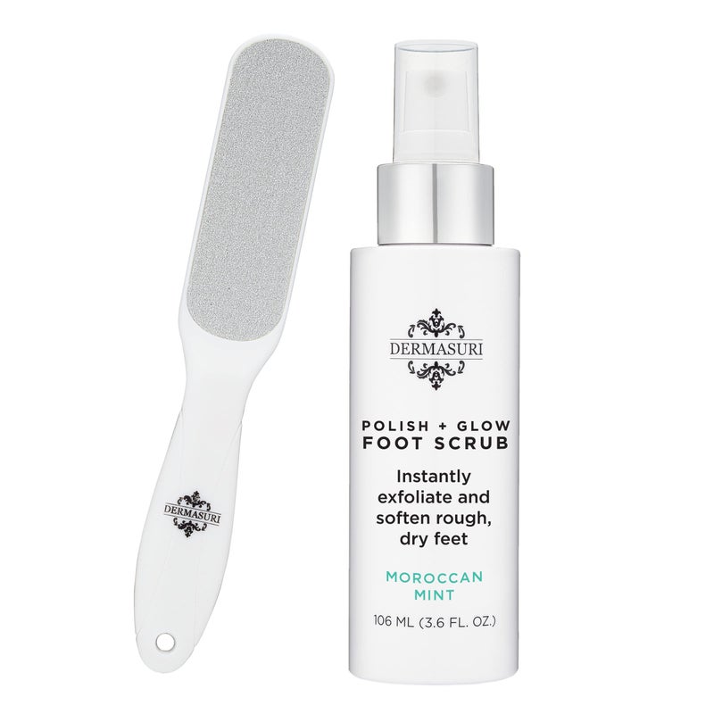 Dermasuri - Callus Remover Foot Scrub - Exfoliating Feet Spray-on Formula and Reusable Deluxe Sole File - Dead Skin Remover, Callus Rasp Scrubber, Peel & Soften Cracked Heels - Deluxe Pedicure Spa Kit - Image 1