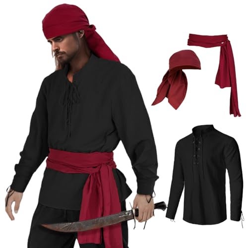 HSDOU Mens Pirate 3 Pcs Costume Set Renaissance Pirate Shirt Medieval Costume Viking (Z3760BK, L) - Image 1