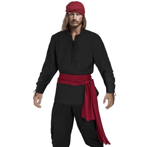 HSDOU Mens Pirate 3 Pcs Costume Set Renaissance Pirate Shirt Medieval Costume Viking (Z3760BK, L) - Image 2