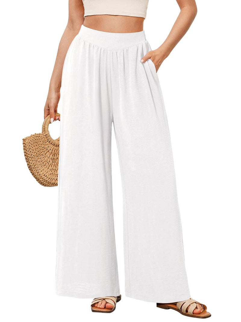 NIMIN Palazzo Pants for Women White Wide Leg Elastic High Waisted Slack 2026 Summer Flowy Beach Casual Loose Clothes Lounge Wear with Pockets - Image 1