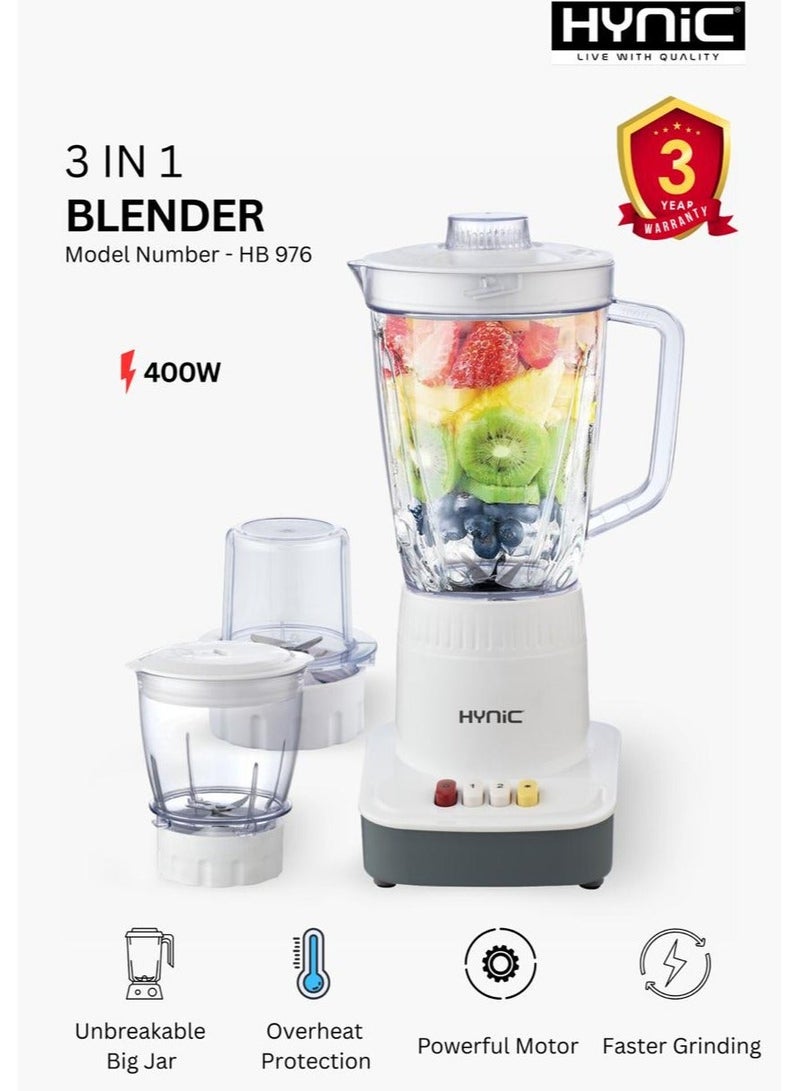 Hynic 3-in-1 Professional Blender & Grinder Mixer (400W) | Includes 1.5L Unbreakable Big Jar, Chopper, and Spice Grinder | Overheat Protection & Turbo Power | 3-Year Warranty - Image 1