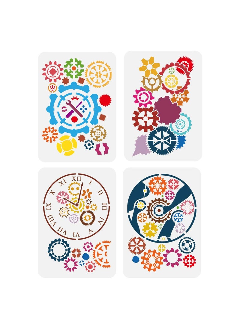 FINGERINSPIRE FINGERINSPIRE 4 Pcs Gear Stencil 4 Styles Various Gear Patterns Painting Stencils 8.3x11.7 Steampunk Gear Clocks Drawing Large Stencils Reusable Bizarre Gear Templates for DIY Project Airbrush Craft 