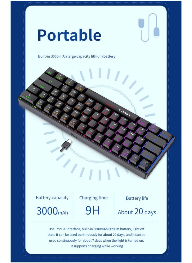 LANGTU - Tri-Mode Outemu Blue Switches Hot-Swappable 61-Key Mechanical Keyboard Bluetooth 5.0 / Wireless 2.4G / USB Type-C Customizable Keyboard with RGB Backlight 3000mAh Lithium Battery Rechargeable, Black - Image 1