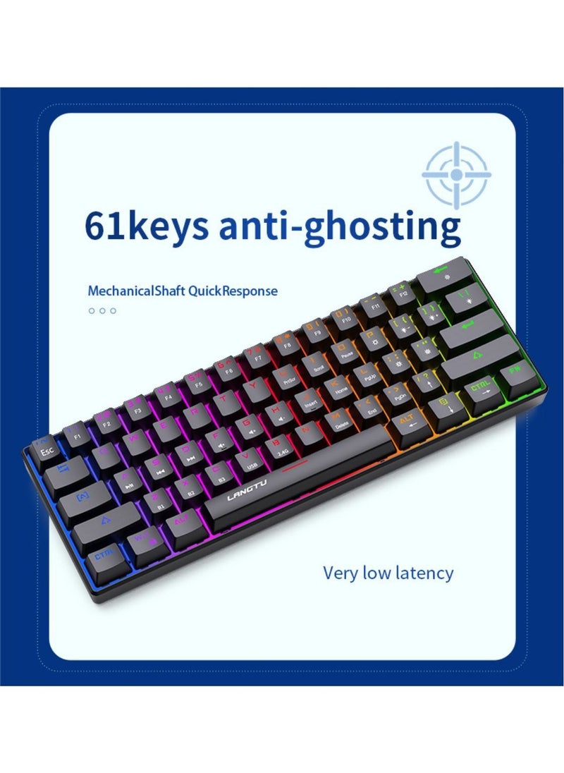 LANGTU - Tri-Mode Outemu Blue Switches Hot-Swappable 61-Key Mechanical Keyboard Bluetooth 5.0 / Wireless 2.4G / USB Type-C Customizable Keyboard with RGB Backlight 3000mAh Lithium Battery Rechargeable, Black - Image 1