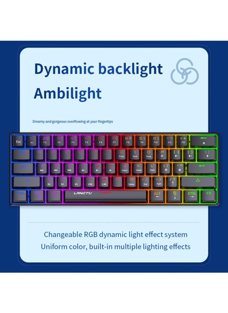 LANGTU - Tri-Mode Outemu Blue Switches Hot-Swappable 61-Key Mechanical Keyboard Bluetooth 5.0 / Wireless 2.4G / USB Type-C Customizable Keyboard with RGB Backlight 3000mAh Lithium Battery Rechargeable, Black - Image 1