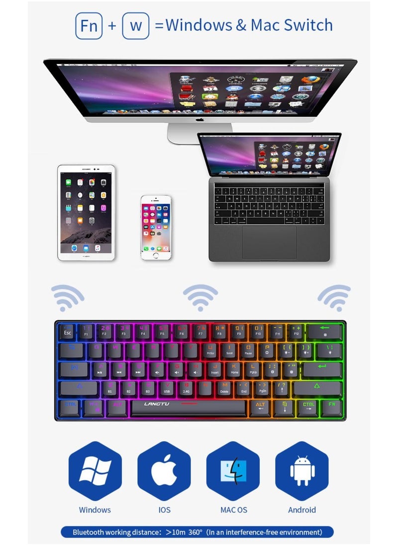 LANGTU - Tri-Mode Outemu Blue Switches Hot-Swappable 61-Key Mechanical Keyboard Bluetooth 5.0 / Wireless 2.4G / USB Type-C Customizable Keyboard with RGB Backlight 3000mAh Lithium Battery Rechargeable, Black - Image 1