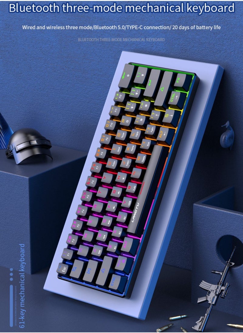 LANGTU - Tri-Mode Outemu Blue Switches Hot-Swappable 61-Key Mechanical Keyboard Bluetooth 5.0 / Wireless 2.4G / USB Type-C Customizable Keyboard with RGB Backlight 3000mAh Lithium Battery Rechargeable, Black - Image 1
