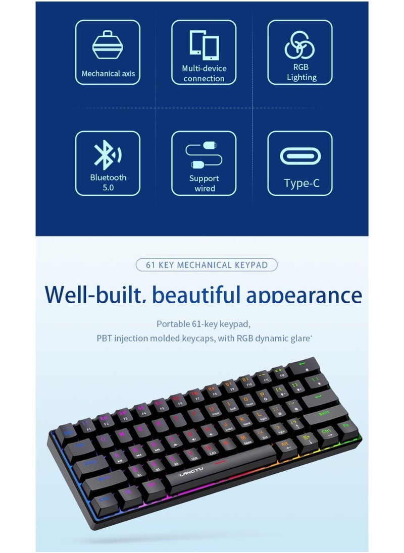 LANGTU - Tri-Mode Outemu Blue Switches Hot-Swappable 61-Key Mechanical Keyboard Bluetooth 5.0 / Wireless 2.4G / USB Type-C Customizable Keyboard with RGB Backlight 3000mAh Lithium Battery Rechargeable, Black - Image 1
