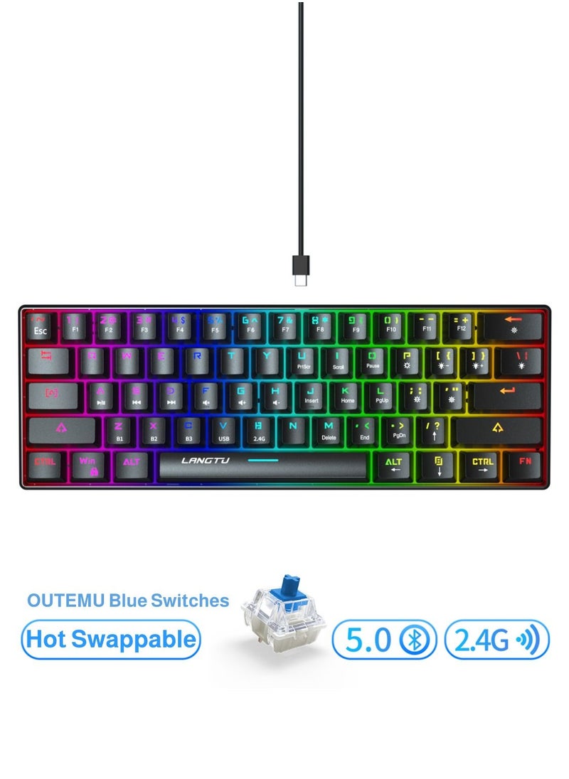 LANGTU - Tri-Mode Outemu Blue Switches Hot-Swappable 61-Key Mechanical Keyboard Bluetooth 5.0 / Wireless 2.4G / USB Type-C Customizable Keyboard with RGB Backlight 3000mAh Lithium Battery Rechargeable, Black - Image 1
