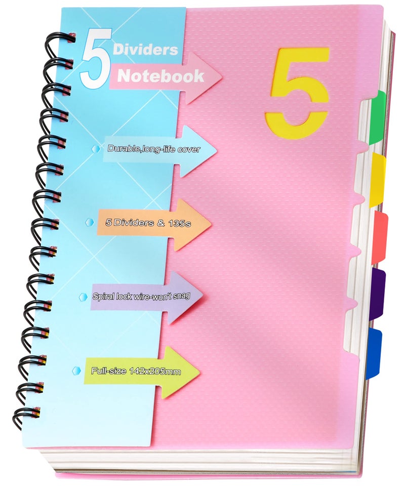 CAGIE 5 Subject Notebook College Ruled, Small Spiral Notebook 5x7 with Divider Tabs, A5 Spiral Notebooks for Women, 240 Pages Spiral Note book for School Note Taking, Pink - Image 1