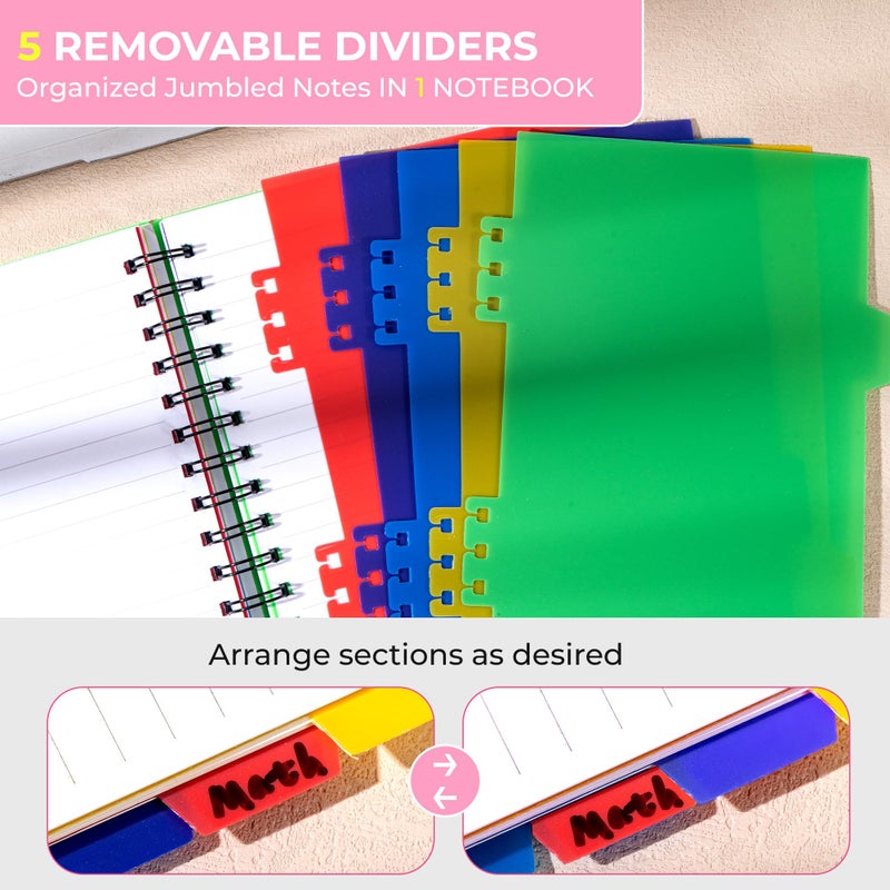 CAGIE 5 Subject Notebook College Ruled, Small Spiral Notebook 5x7 with Divider Tabs, A5 Spiral Notebooks for Women, 240 Pages Spiral Note book for School Note Taking, Pink - Image 3