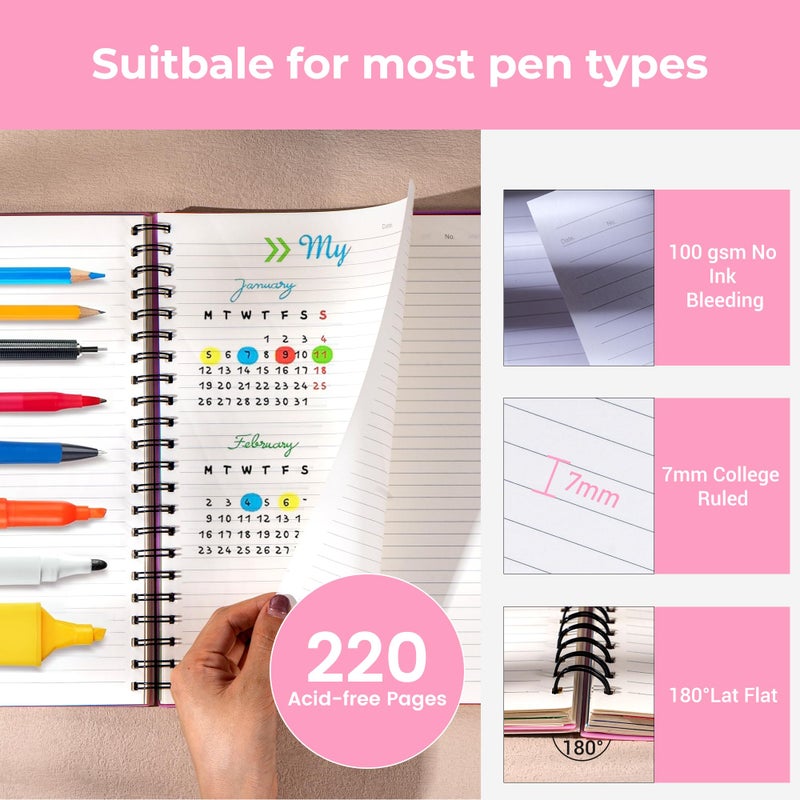 CAGIE 5 Subject Notebook College Ruled, Small Spiral Notebook 5x7 with Divider Tabs, A5 Spiral Notebooks for Women, 240 Pages Spiral Note book for School Note Taking, Pink - Image 2