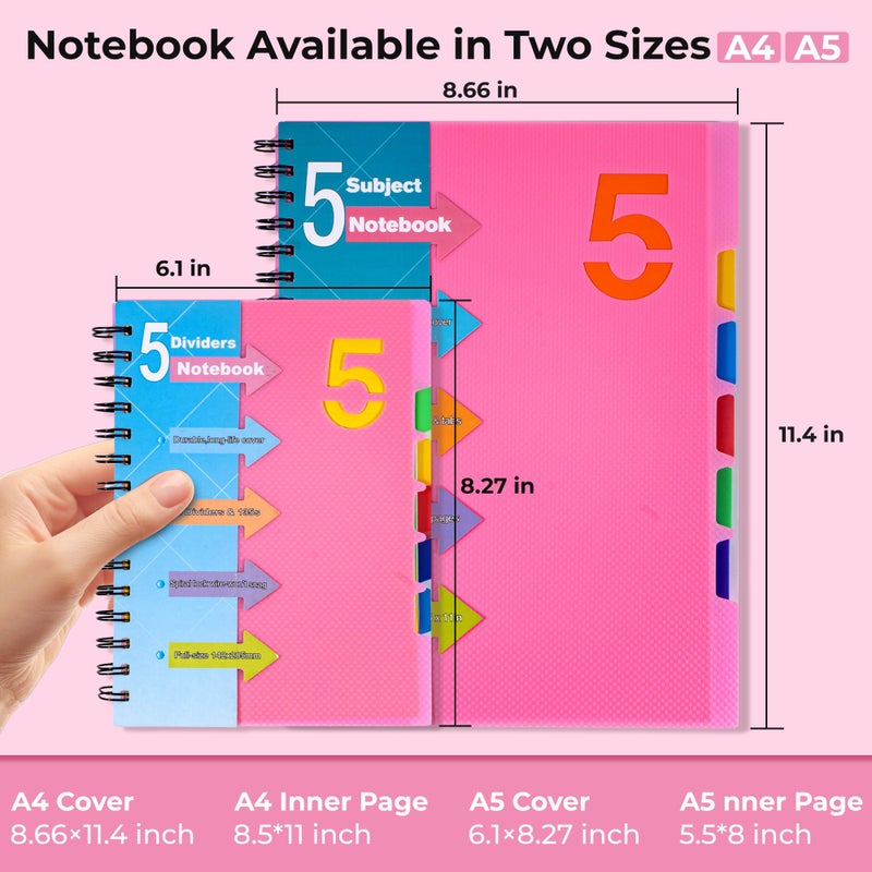 CAGIE 5 Subject Notebook College Ruled, Small Spiral Notebook 5x7 with Divider Tabs, A5 Spiral Notebooks for Women, 240 Pages Spiral Note book for School Note Taking, Pink - Image 5