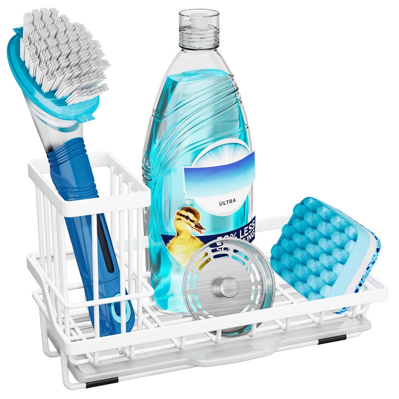 Consumest Sponge Holder for Kitchen Sink - Sink Caddy Organizer with Removable Drip Tray for Countertop Dish Soap Dispenser Brush Storage Kitchen Accessories 304 Stainless Steel  White - Image 1