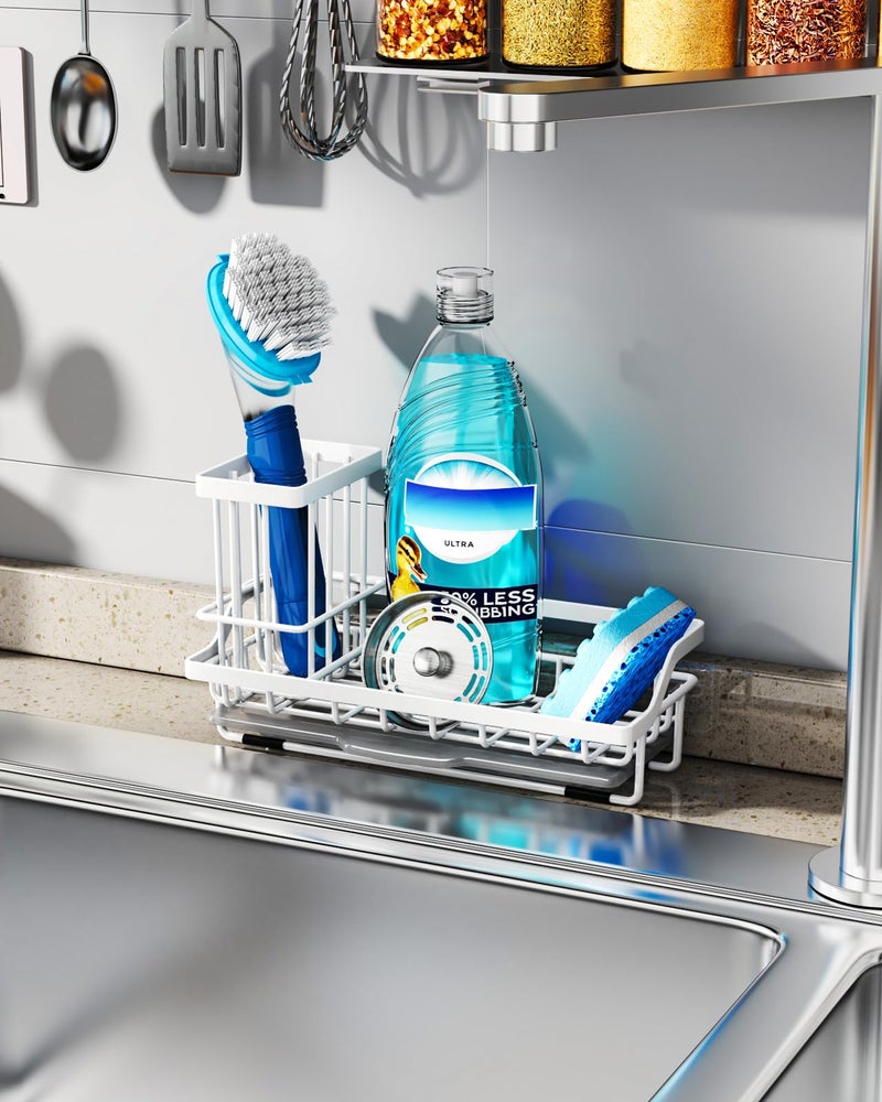 Consumest Sponge Holder for Kitchen Sink - Sink Caddy Organizer with Removable Drip Tray for Countertop Dish Soap Dispenser Brush Storage Kitchen Accessories 304 Stainless Steel  White - Image 3