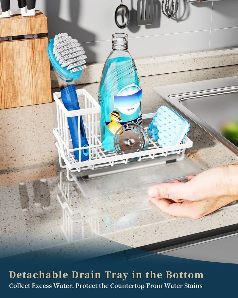 Consumest Sponge Holder for Kitchen Sink - Sink Caddy Organizer with Removable Drip Tray for Countertop Dish Soap Dispenser Brush Storage Kitchen Accessories 304 Stainless Steel  White - Image 4