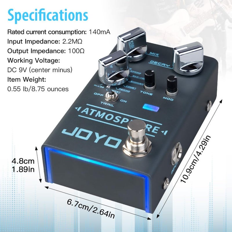 JOYO Reverb Pedal 9 Digital Reverb Types with Modulation and Trail Function for Electric Guitar Effect (Atmosphere R-14) - Image 5