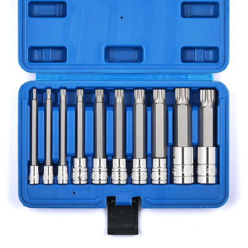 MIXPOWER 10 Piece Spline Tip Bit Socket Set MType S2 and CrV Steel Extra Long 4 Length M4M18 XZN Triple Square Spline Bit Socket Set