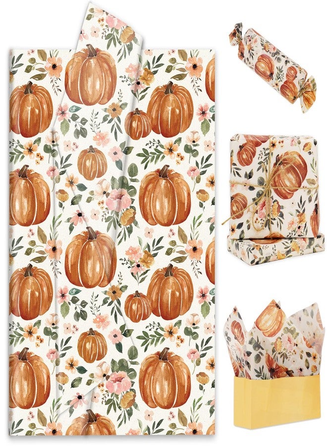 Whaline 100 Pcs Fall Tissue Paper Pumpkin Floral Print Gift Wrapping Paper Vintage Flower Packaging Papers for Autumn Harvest Thanksgiving Baby Shower Birthday Party Decor, 14 x 20 Inch - Image 1