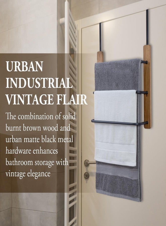 MyGift Over The Door Towel Rack for Bathroom, Rustic Solid Burnt Wood Towel Storage Organizer, 3 Tier Matte Black Metal Towel Bar, Space Saving Bathroom Door Hanging Towel Holder - Image 2