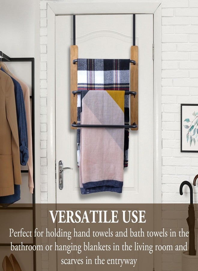 MyGift Over The Door Towel Rack for Bathroom, Rustic Solid Burnt Wood Towel Storage Organizer, 3 Tier Matte Black Metal Towel Bar, Space Saving Bathroom Door Hanging Towel Holder - Image 3