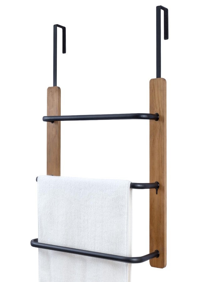 MyGift Over The Door Towel Rack for Bathroom, Rustic Solid Burnt Wood Towel Storage Organizer, 3 Tier Matte Black Metal Towel Bar, Space Saving Bathroom Door Hanging Towel Holder - Image 1