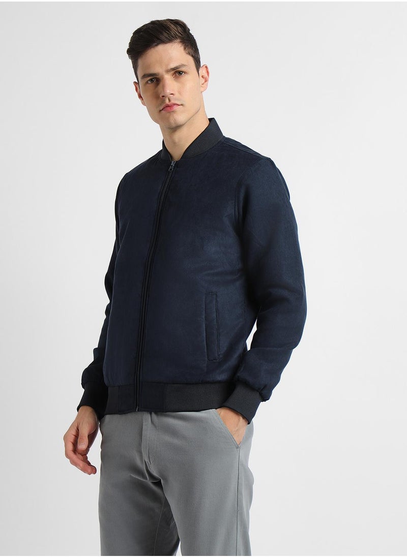 Dennis Lingo Navy Regular Fit Men's Solid Rib Collar Full Sleeves Polyester Jacket with Zipper Closure  - Image 1