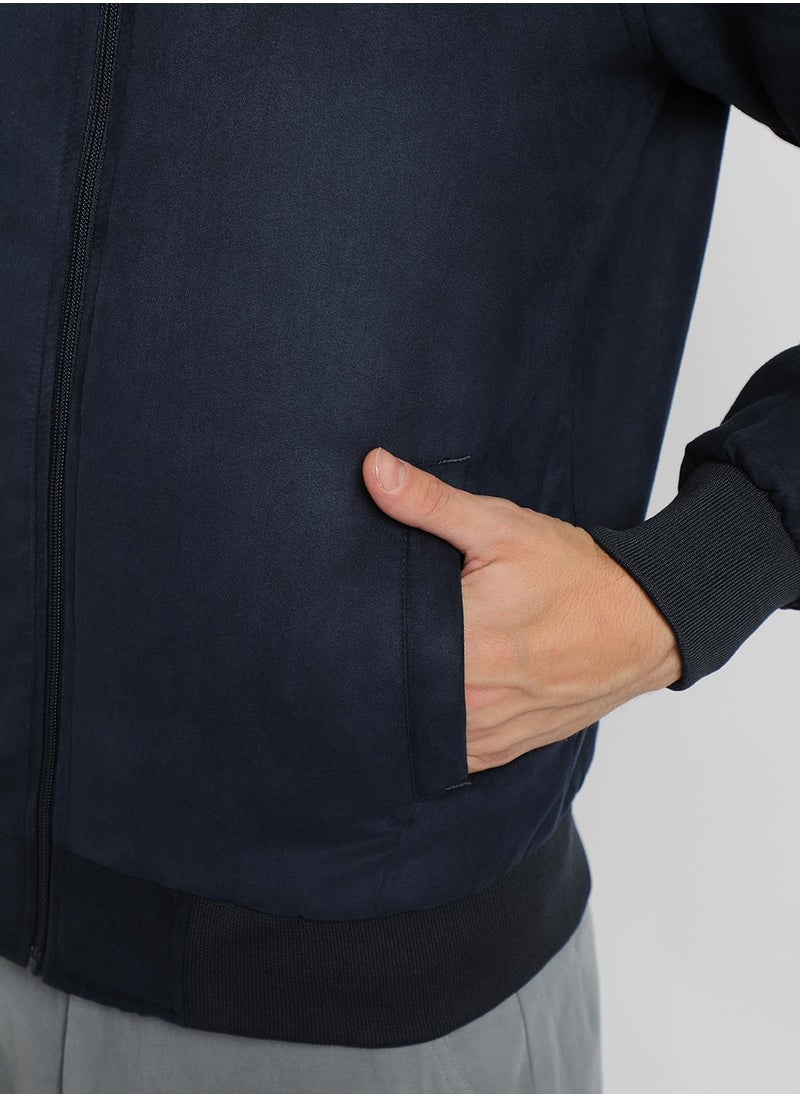 Dennis Lingo Navy Regular Fit Men's Solid Rib Collar Full Sleeves Polyester Jacket with Zipper Closure  - Image 5
