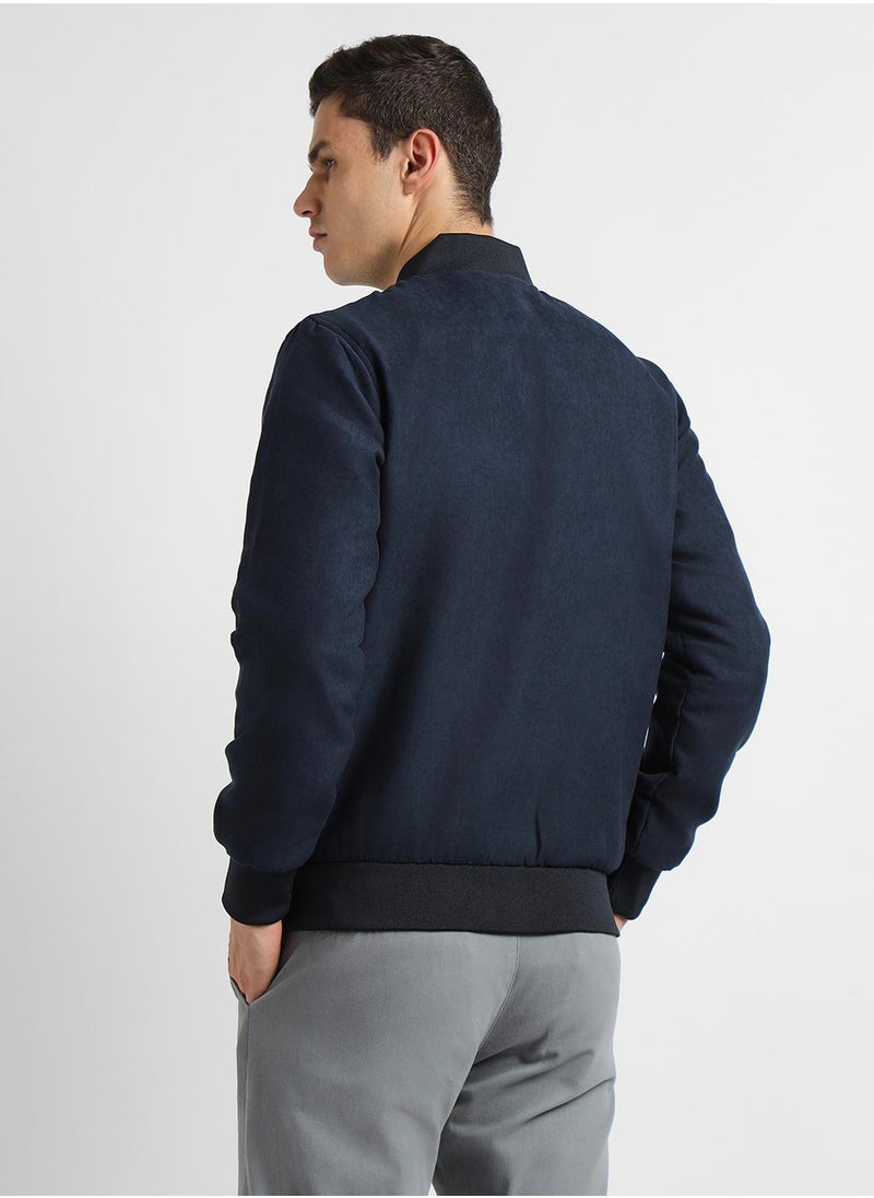 Dennis Lingo Navy Regular Fit Men's Solid Rib Collar Full Sleeves Polyester Jacket with Zipper Closure  - Image 2