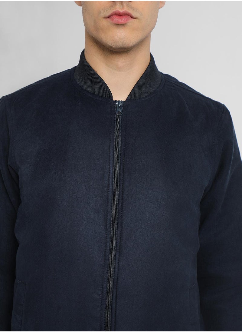Dennis Lingo Navy Regular Fit Men's Solid Rib Collar Full Sleeves Polyester Jacket with Zipper Closure  - Image 3