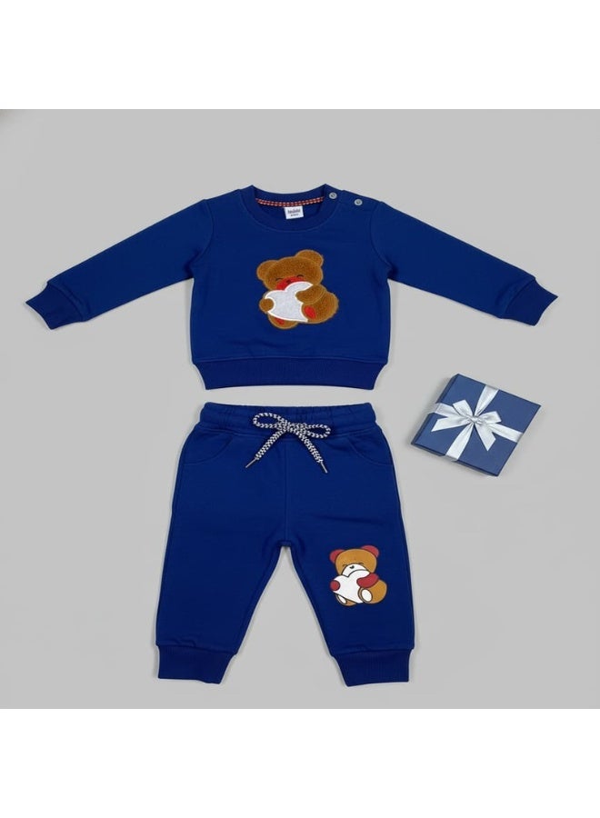 LOOFI Boys' kids' clothing set, 2 pieces: sweatshirt and sweatpants with a winter bear print - Blue - Image 1