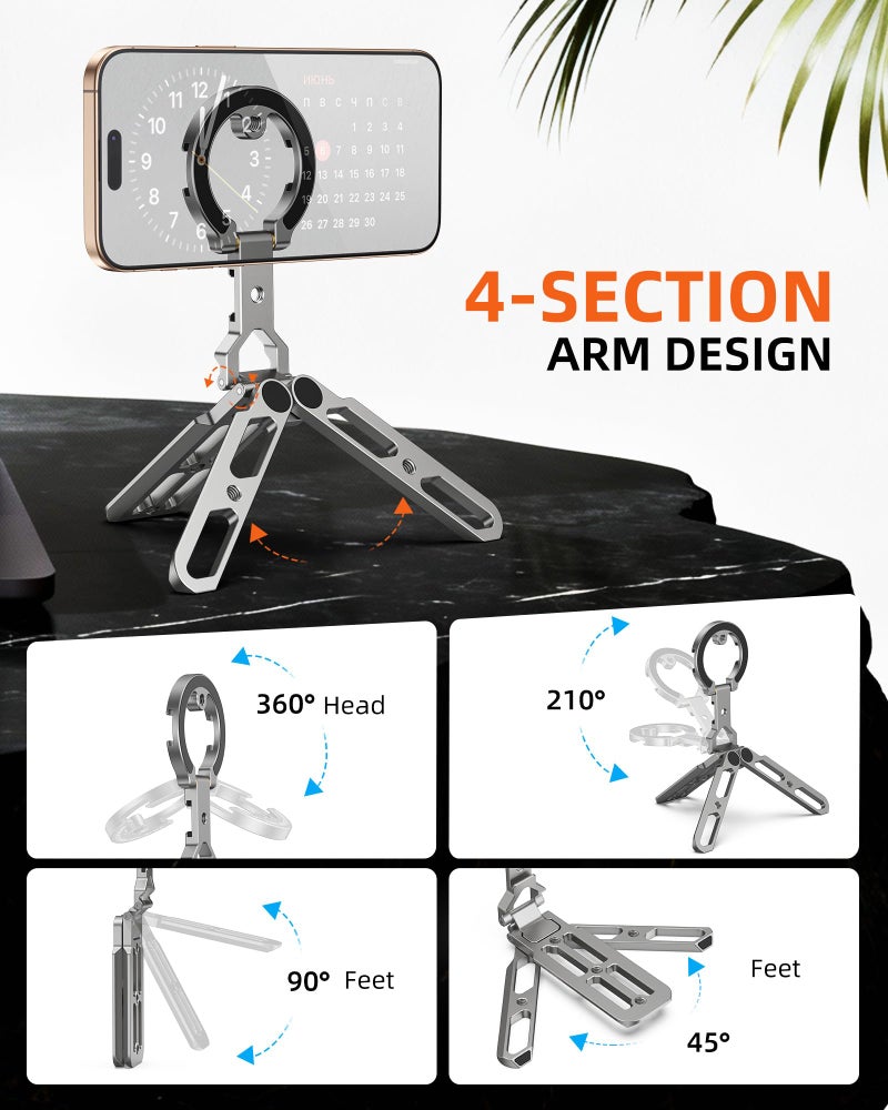 CAMOLO GEEK Magnetic Aluminum Phone Tripod Holder Mount Stand Handle with 1/4" Srcew & Cold Shoe & Arca-Swiss,Mini Pocket Foldable Cell Phone Stand,Compatible with MagSafe for iPhone, Fits Gym,Vlog,Travel,Desk - Image 3