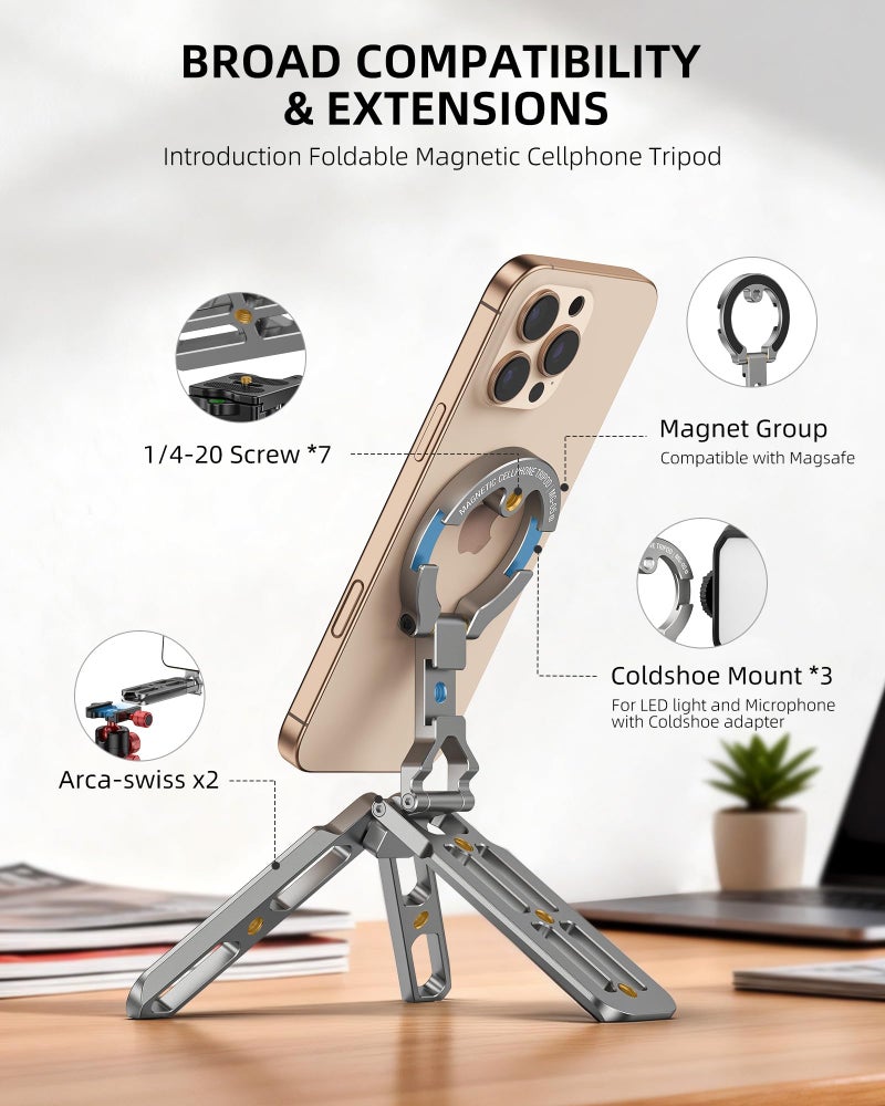 CAMOLO GEEK Magnetic Aluminum Phone Tripod Holder Mount Stand Handle with 1/4" Srcew & Cold Shoe & Arca-Swiss,Mini Pocket Foldable Cell Phone Stand,Compatible with MagSafe for iPhone, Fits Gym,Vlog,Travel,Desk - Image 2